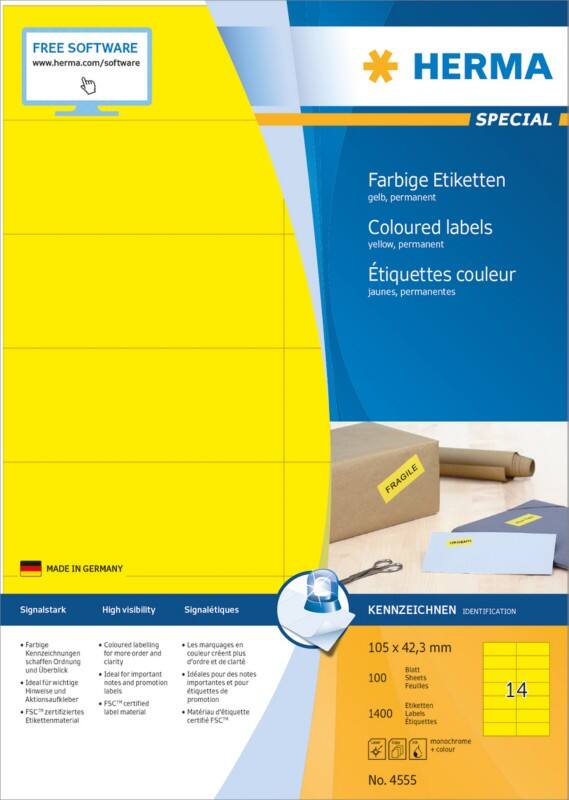 HERMA Laser Etiketten 4555 Klevend 10,5 x 4,2 cm  100 Vellen à 14 Etiketten
