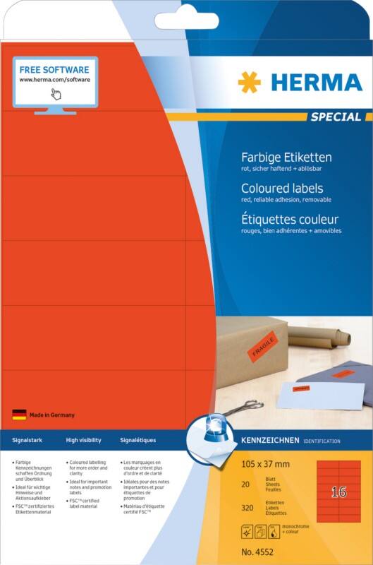 HERMA Laser Etiketten 4552 Klevend 10,5 x 3,7 cm  20 Vellen à 16 Etiketten