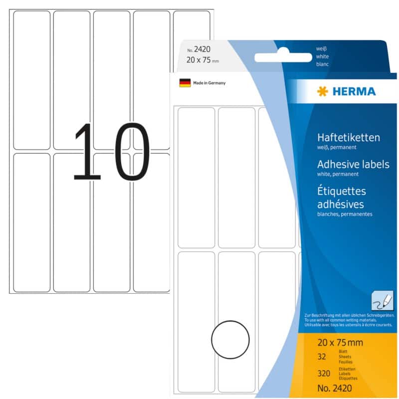 HERMA Etiketten 2420 Klevend Wit 20 x 75 mm  32 Vellen à 10 Etiketten