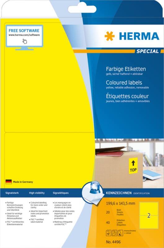 HERMA Laser Etiketten 4496 Klevend Geel 20 x 14,4 cm  20 Vellen à 2 Etiketten