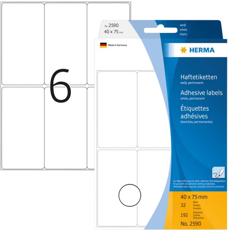 HERMA Etiketten 2590 Klevend Wit 40 x 75 mm  32 Vellen à 6 Etiketten