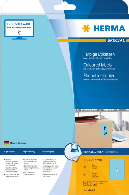 HERMA Laser Etiketten 4423 Klevend Blauw 21 x 29,7 cm  20 Vellen à 1 Etiketten