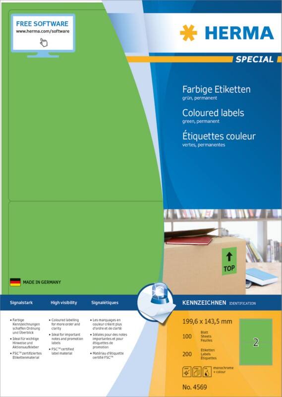HERMA Laser Etiketten 4569 Klevend 19,9 x 14,3 cm  100 Vellen à 2 Etiketten
