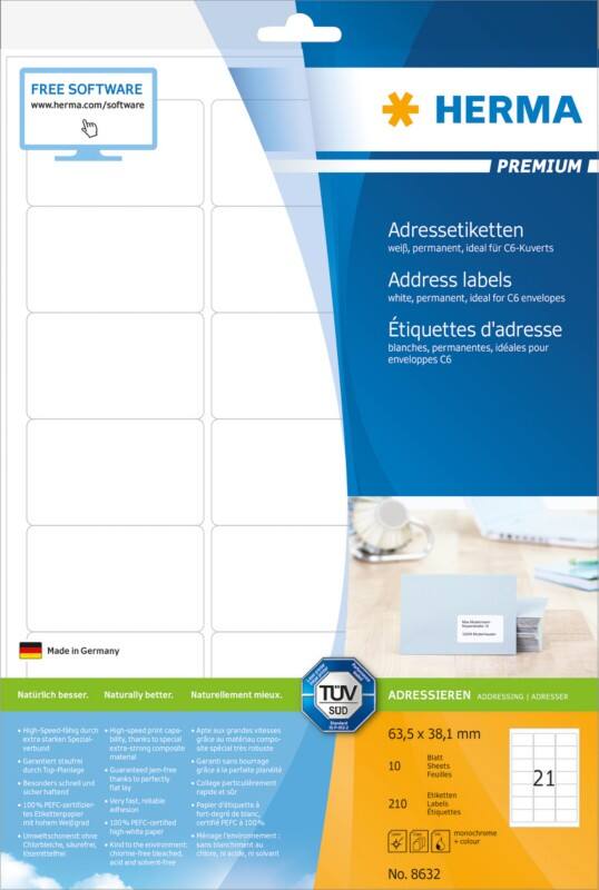 HERMA Laser Etiketten 8632 Klevend Wit 6,35 x 3,81 cm  10 Vellen à 21 Etiketten
