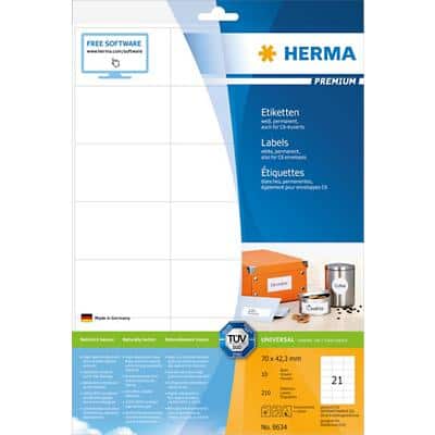 HERMA Multifunctionele Etiketten 8634 Wit Rechthoekig 70 x 42,3 mm 10 Vellen van 21 Etiketten