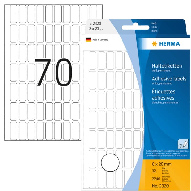 HERMA Etiketten 2320 Klevend Wit 8 x 20 mm  32 Vellen à 70 Etiketten