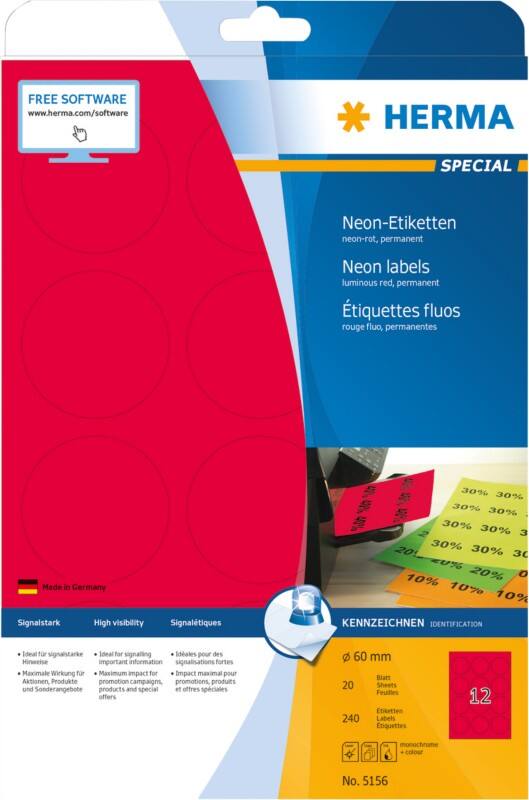 HERMA Laser Etiketten 5156 Klevend Rood 6 x 6 cm  20 Vellen à 12 Etiketten