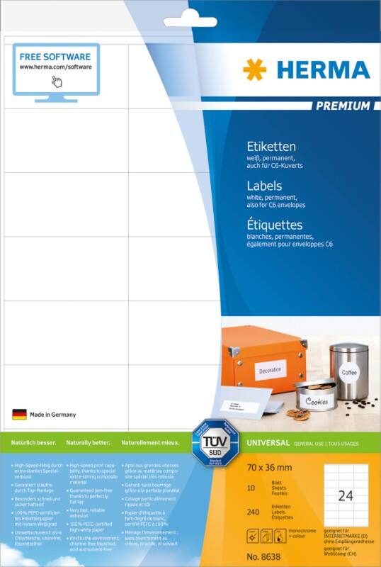 HERMA Laser Etiketten 8638 Klevend 7 x 3,6 cm  10 Vellen à 24 Etiketten