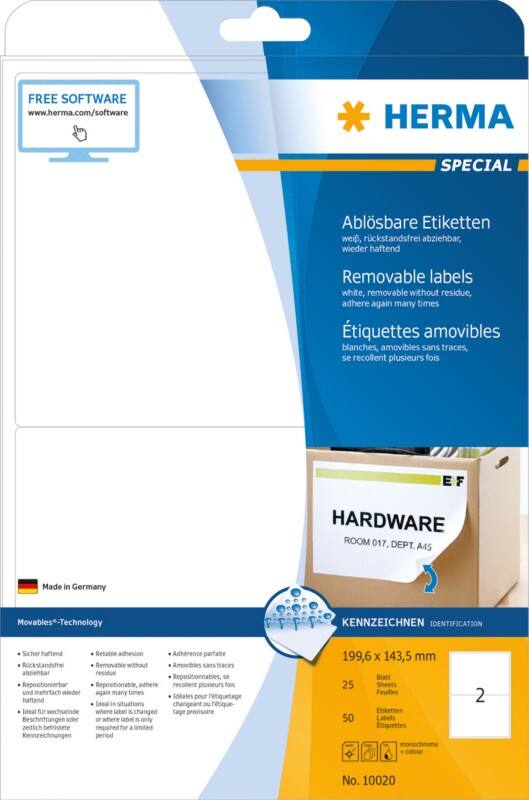 HERMA Laser Etiketten 10020 Klevend Wit 19,96 x 14,35 cm  25 Vellen à 2 Etiketten