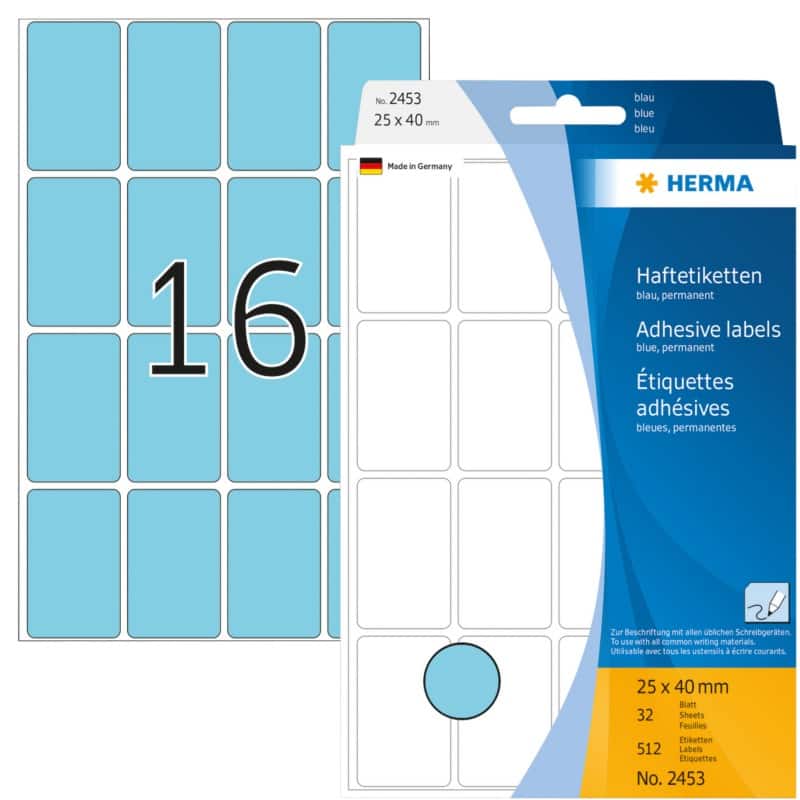 HERMA Etiketten 2453 Klevend Blauw 25 x 40 mm  32 Vellen à 16 Etiketten