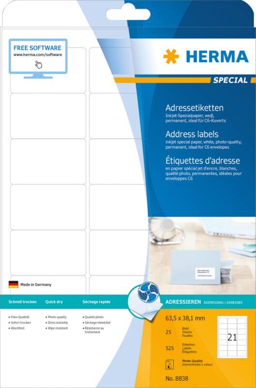 HERMA Inkjet Etiketten 8838 Klevend Wit 6,35 x 3,81 cm  25 Vellen à 21 Etiketten