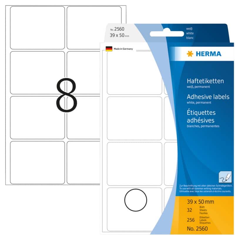 HERMA Etiketten 2560 Klevend Wit 39 x 50 mm  32 Vellen à 8 Etiketten