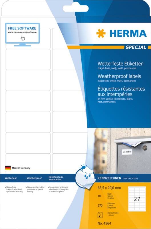 HERMA Inkjet Etiketten 4864 Klevend Wit 6,35 x 2,96 cm  10 Vellen à 27 Etiketten