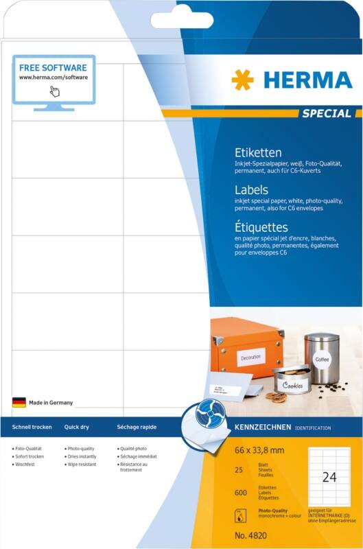 HERMA Inkjet Etiketten 4820 Klevend Wit 6,6 x 3,38 cm  25 Vellen à 24 Etiketten