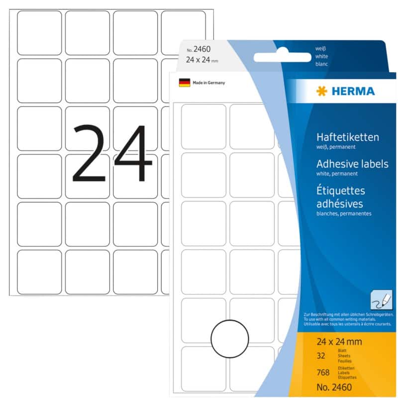 HERMA Etiketten 2460 Klevend Wit 24 x 24 mm  32 Vellen à 24 Etiketten