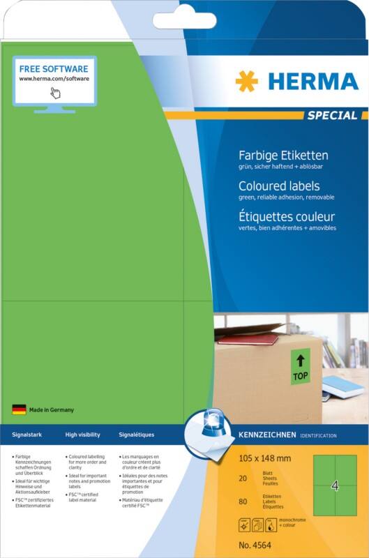 HERMA Laser Etiketten 4564 Klevend 10,5 x 14,8 cm  20 Vellen à 4 Etiketten