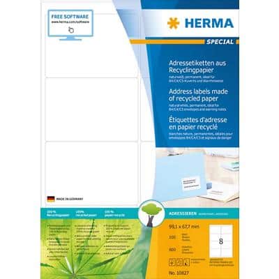 HERMA Recycling Etiketten 10827 Wit Rechthoekig 99,1 x 67,7 mm 100 Vellen van 8 Etiketten