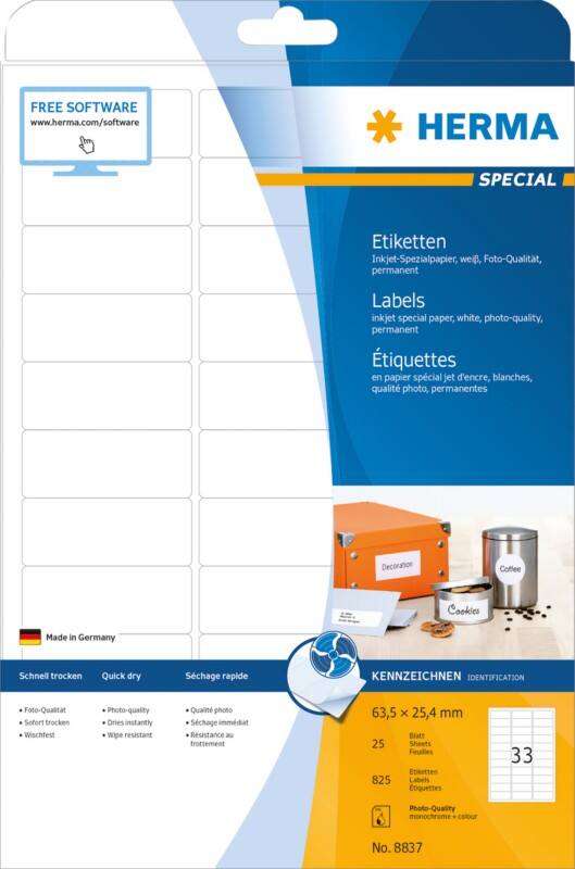HERMA Inkjet Etiketten 8837 Klevend Wit 6,35 x 2,54 cm  25 Vellen à 33 Etiketten