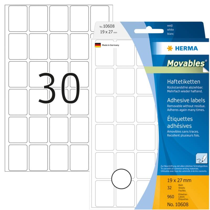 HERMA Etiketten 10608 Klevend Wit 19 x 27 mm  32 Vellen à 30 Etiketten