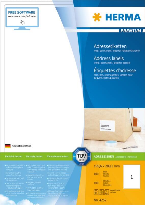 HERMA Laser Etiketten 4252 Klevend Wit 19,96 x 28,91 cm  100 Vellen à 1 Etiketten