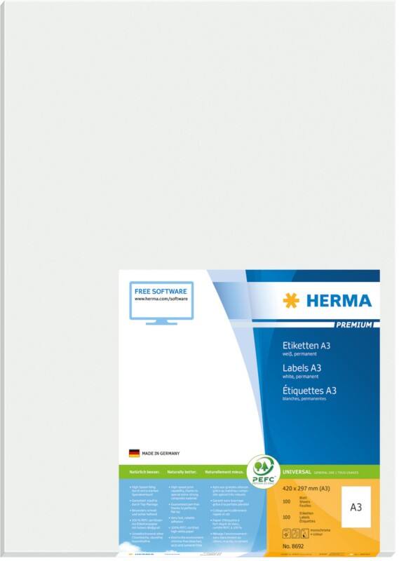 HERMA Laser Etiketten 8692 Klevend Wit 29,7 x 42 cm  100 Vellen à 1 Etiketten
