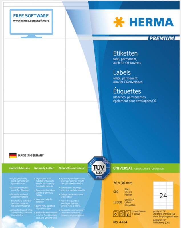 HERMA Laser Etiketten 4414 Klevend Wit 7 x 3,6 cm  500 Vellen à 24 Etiketten
