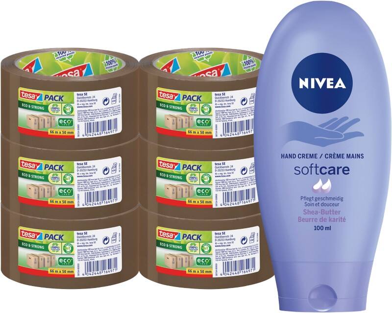 tesapack Verpakkingstape Eco & Strong Bruin Eco en Nivea Crème Bundel 50 mm x 66 m 6 rollen