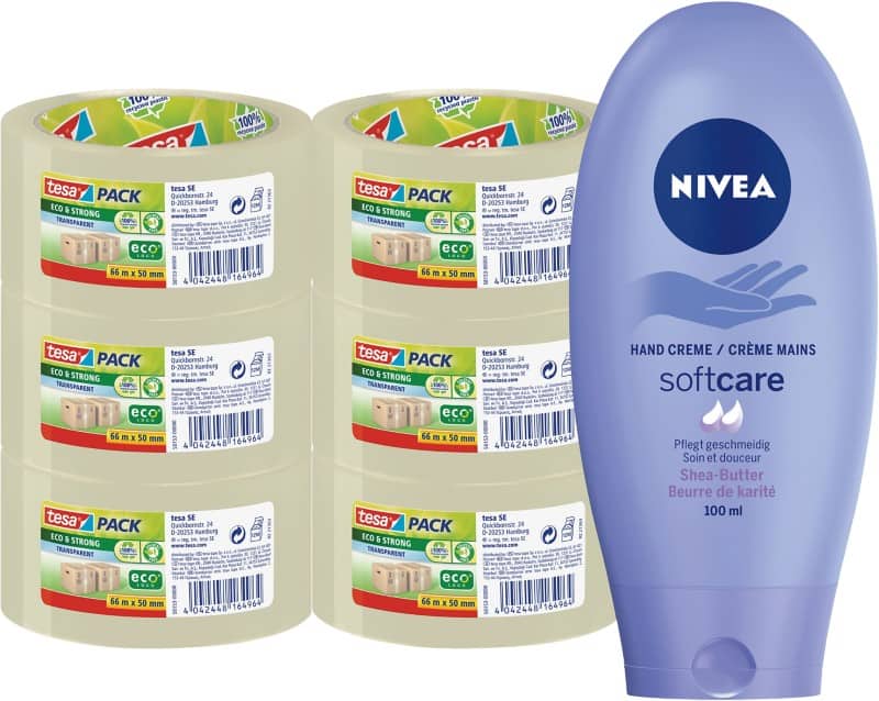 tesapack Verpakkingstape Eco & Strong Transparant en Nivea Crème Bundel 50 mm x 66 m 6 rollen