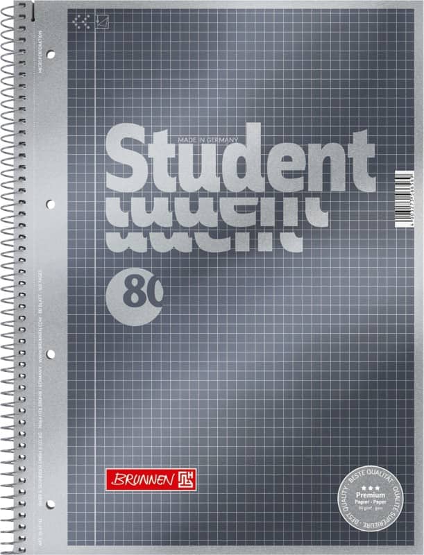 BRUNNEN Student Premium Notitieboek A4 Geruit Spiraalbinding Zijgebonden Karton Grijs Geperforeerd 160 Pagina's 80 Vellen