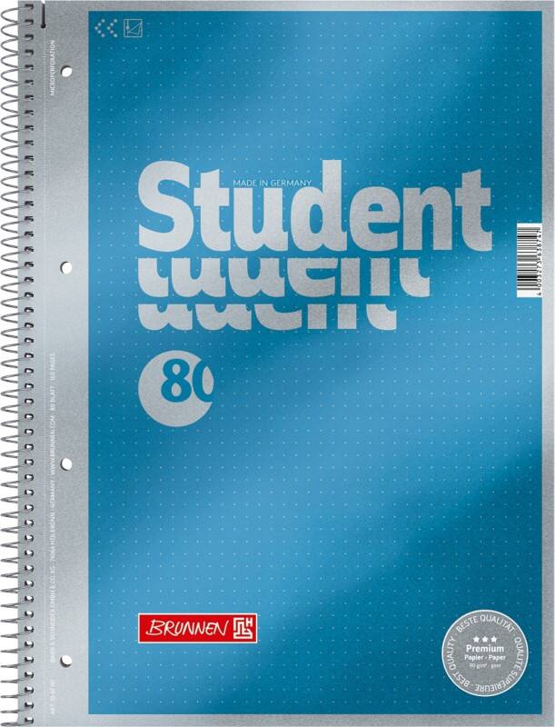 BRUNNEN Student Premium Collegeblok met spiraal A4 Gestipt Spiraalbinding Karton Blauw Geperforeerd 160 Pagina's 80 Vellen