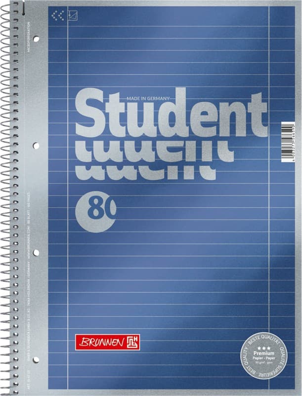BRUNNEN Student Premium Collegeblok met spiraal A4 Gelinieerd Spiraalbinding Karton Blauw Geperforeerd 160 Pagina's 80 Vellen