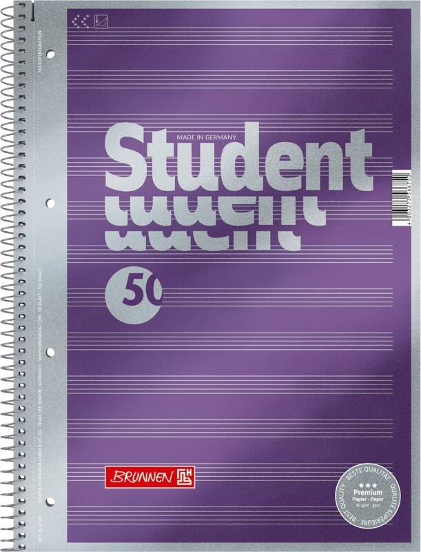 BRUNNEN Student Premium Collegeblok met spiraal A4 Gelinieerd Spiraalbinding Karton Violet Geperforeerd 100 Pagina's 50 Vellen