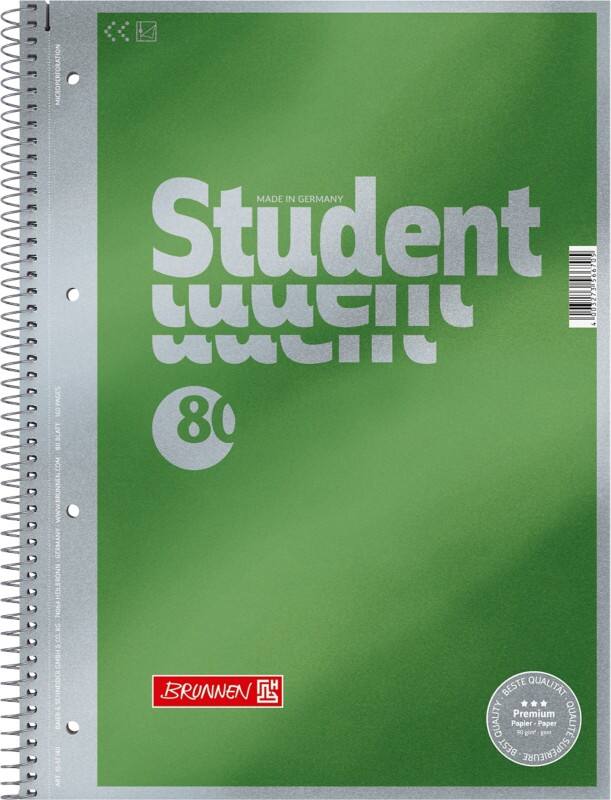 BRUNNEN Student Premium Collegeblok met spiraal A4 Blanco Spiraalbinding Karton Groen Geperforeerd 160 Pagina's 80 Vellen