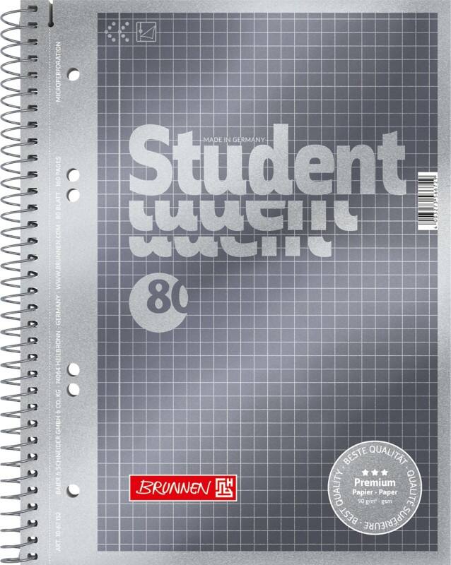 BRUNNEN Student Premium Notitieboek A5 Geruit Spiraal gebonden Karton Grijs Geperforeerd 160 Pagina's 80 Vellen