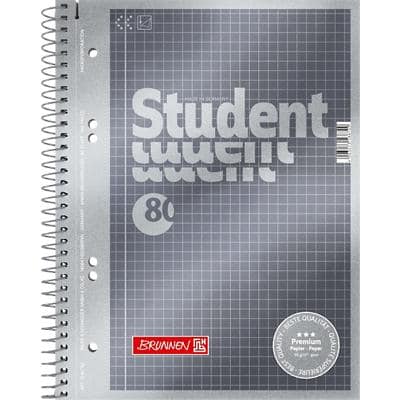 BRUNNEN Student Premium Notitieboek A5 Geruit Spiraal gebonden Karton Grijs Geperforeerd 160 Pagina's 80 Vellen