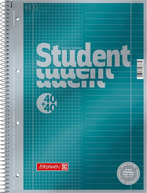 BRUNNEN Student Premium Collegeblok met spiraal A4 Gelinieerd Spiraalbinding Karton Petrolblauw Geperforeerd 160 Pagina's 80 Vellen
