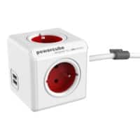 Allocacoc 6403RD / BEEUPC PowerCube Stekkerdoos met 2 USB-poorten 3 stopcontacten type E 1,5 m wit, rood