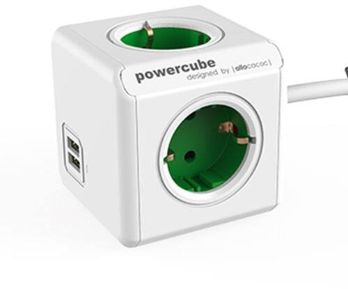 Allocacoc 1402GN / DEEUPC PowerCube Stekkerdoos met 2 USB-poorten 4 stopcontacten Type F 1,5 m wit, groen