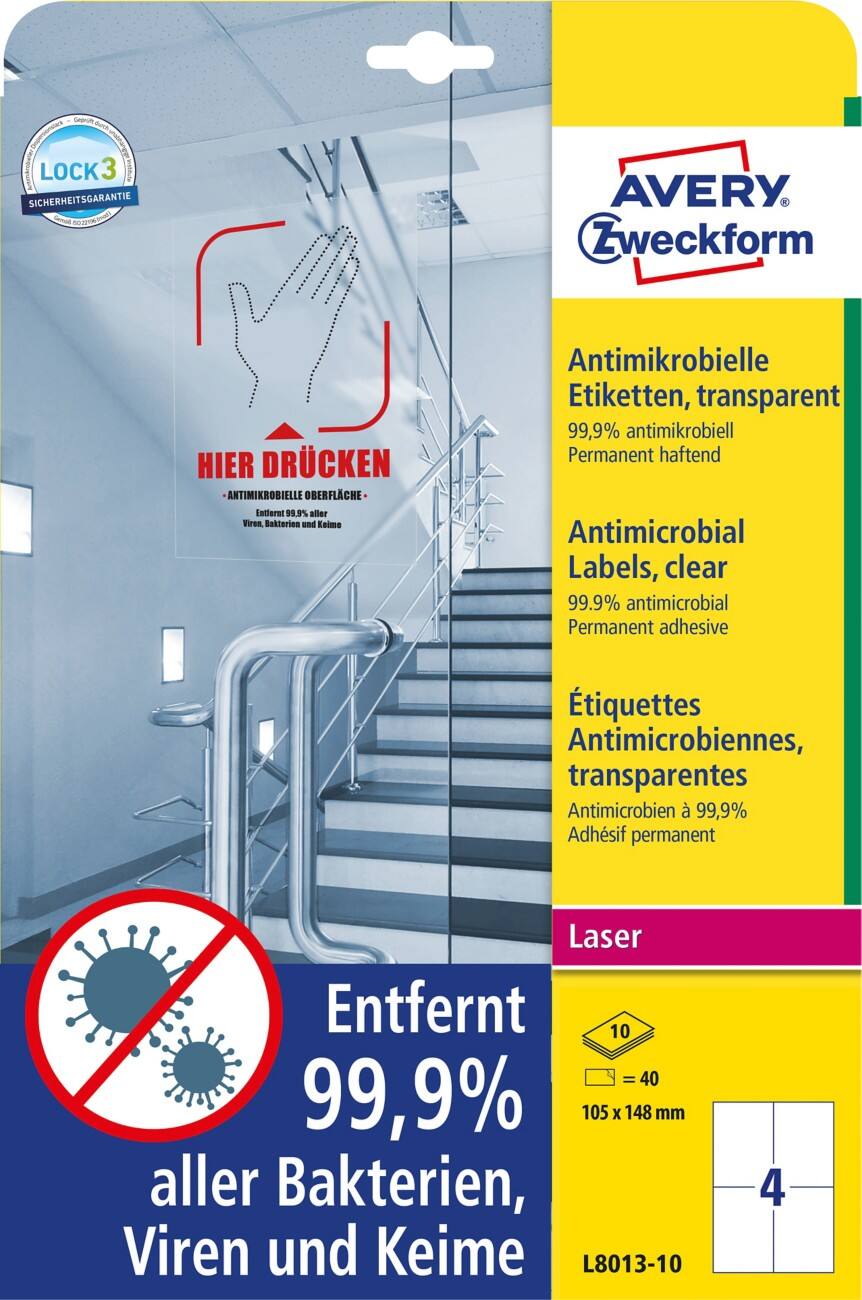 Avery L8013-10 Antimicrobiële etiketten 210 x 297 mm Transparant 10 Vellen à 4 Etiketten