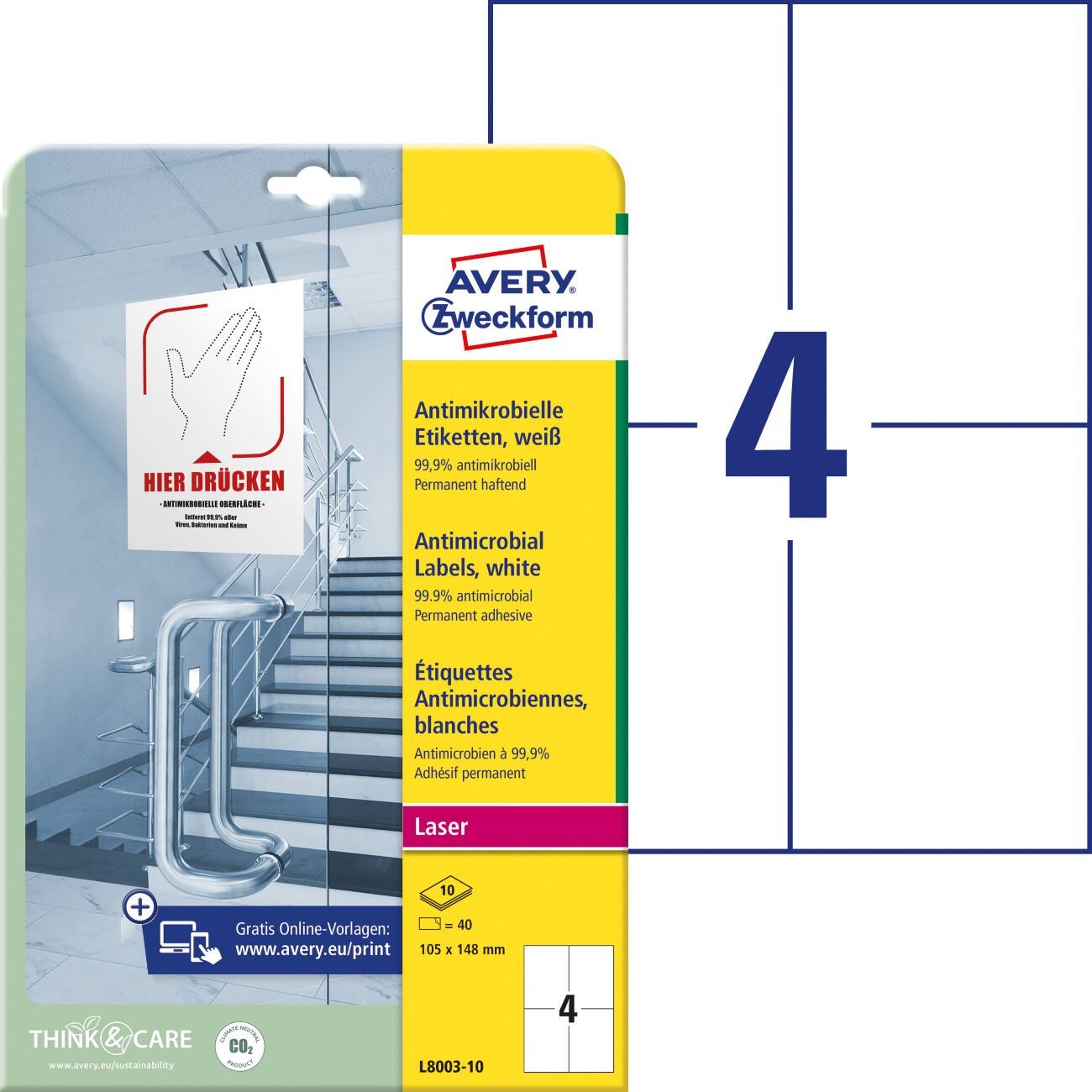 Avery L8003-10 Antimicrobiële etiketten 210 x 297 mm Wit 10 Vellen à 4 Etiketten