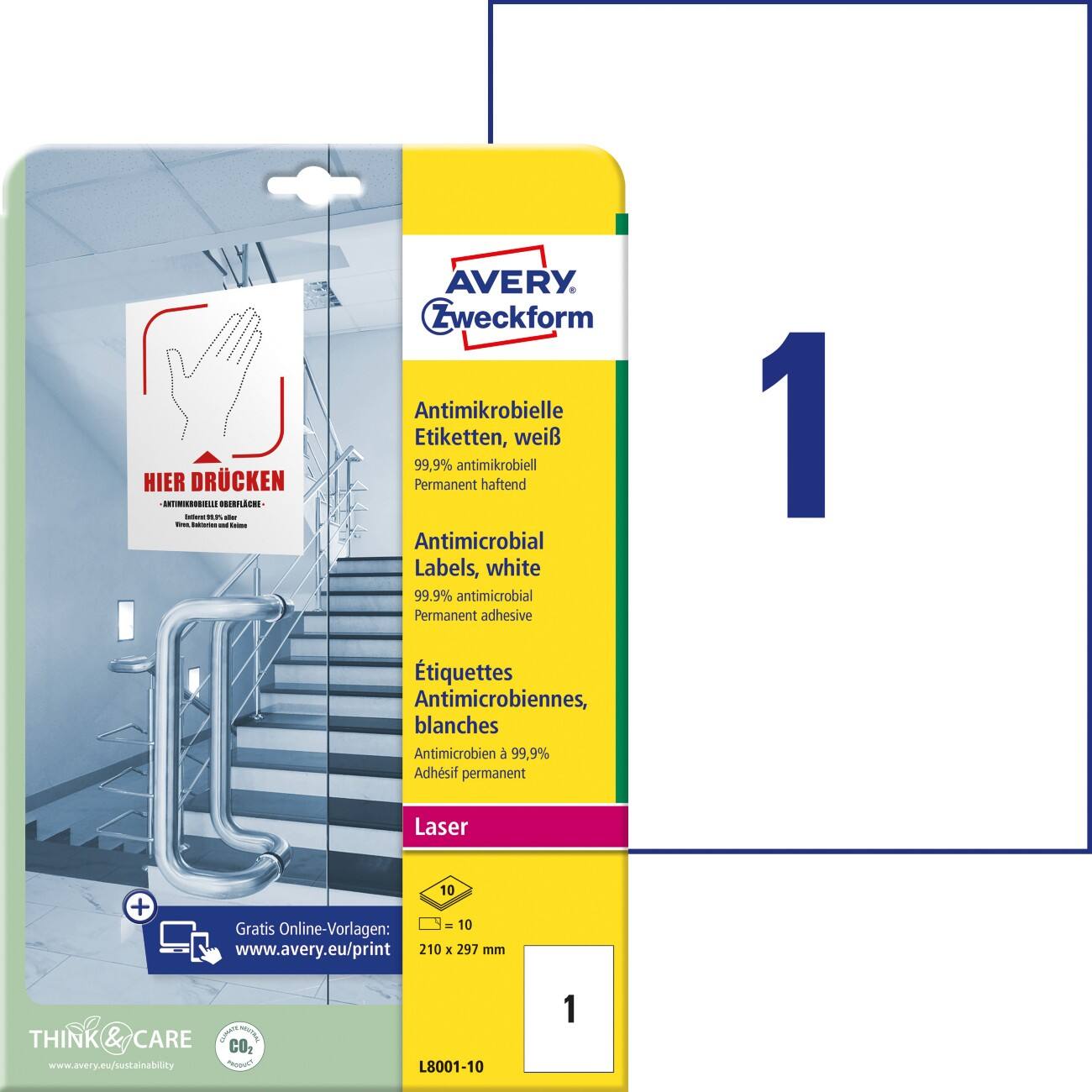 Avery L8001-10 Antimicrobiële etiketten 210 x 297 mm Wit 10 Vellen à 1 Etiket