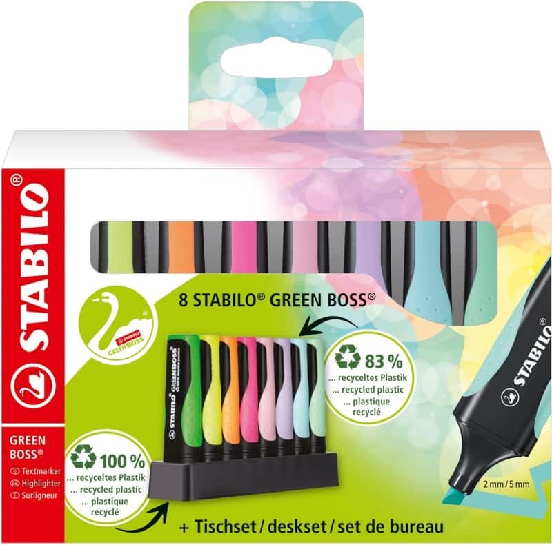 STABILO GREEN BOSS 6070/08-5 Tekstmarker Kleurenassortiment 83% gerecycled Medium Beitelpunt 2 - 5 mm Navulbaar 8 Stuks