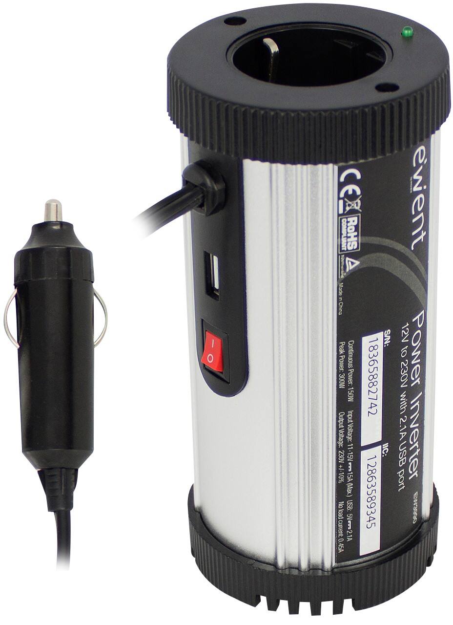 Ewent Omvormer 150W 12V 230V 2.1A USB Poort Zwart, zilver