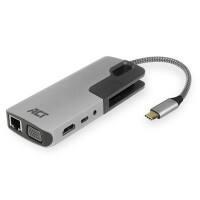 ACT USB-C naar HDMI of VGA vrouwelijk multipoort adapter, Ethernet, 3X USB-A, Kaartlezer, Audio, PD Pass Through