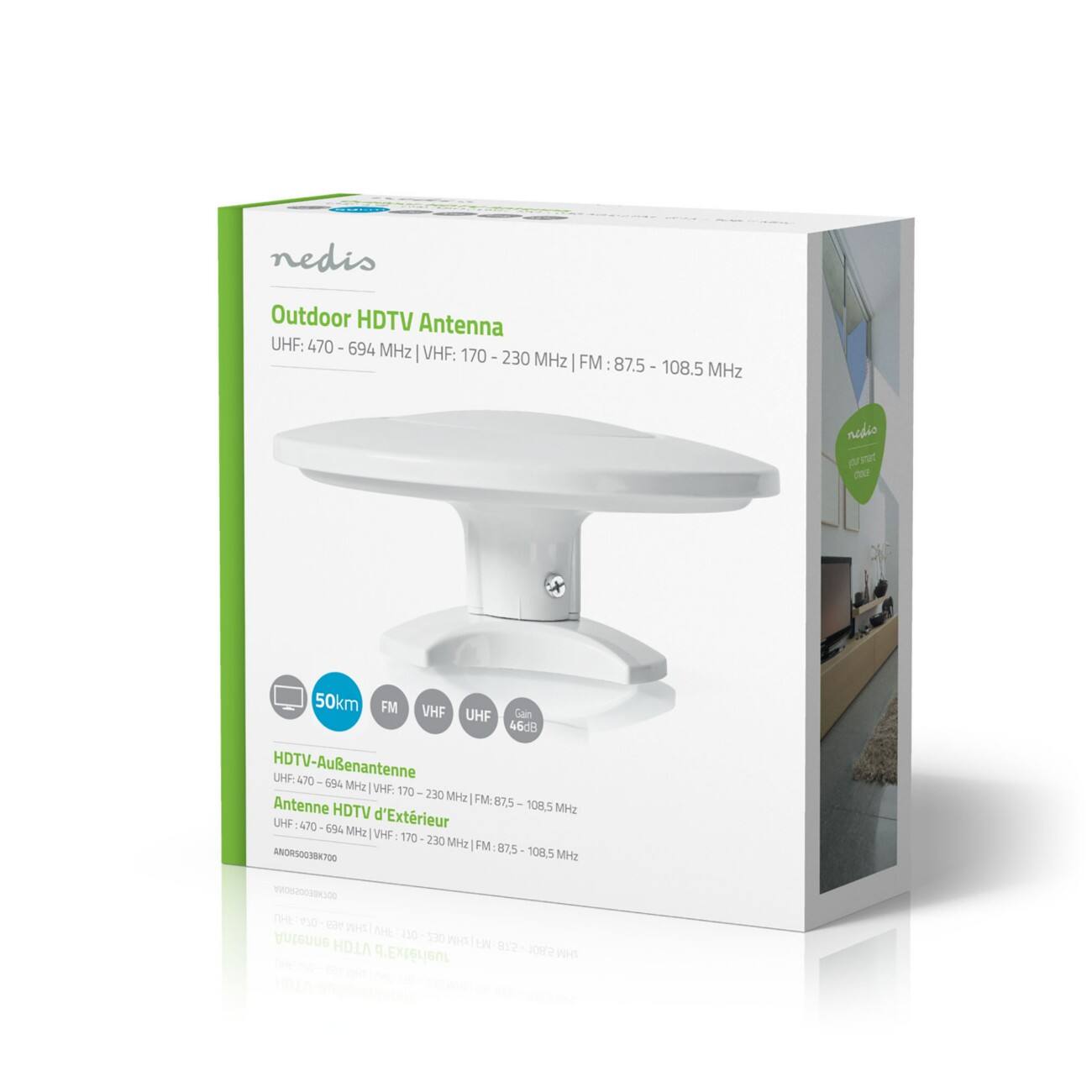 NEDIS Buiten HDTV antenne 0 - 50 km versterking 46 DB FM / VHF / UHF Wit
