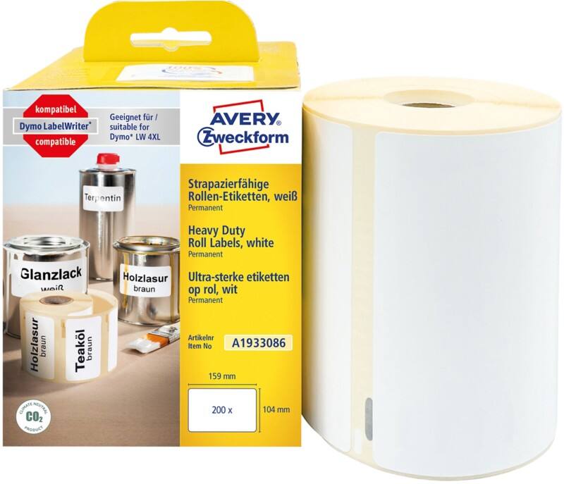 Avery Ultra-sterke etiketten A1933086 A1933086 Klevend 104 x 159 mm 1 Rollen à 200 Etiketten