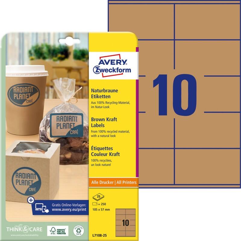 Avery Etiketten L7108-25 Klevend A4 Bruin 105 x 57 mm  25 Vellen à 10 Etiketten