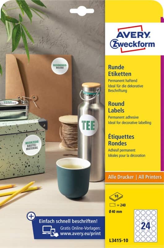 Avery L3415-10 Etiketten Ø 40 mm Wit 10 Vellen à 24 Etiketten