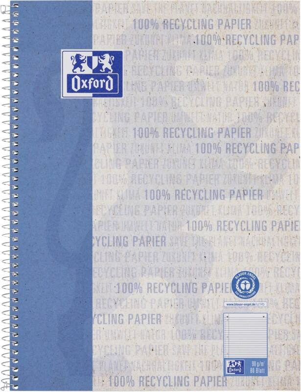 OXFORD Schrijfblok A4+ Gelinieerd Spiraalbinding Geplastificeerd karton Blauw Geperforeerd Recycled 160 Pagina's