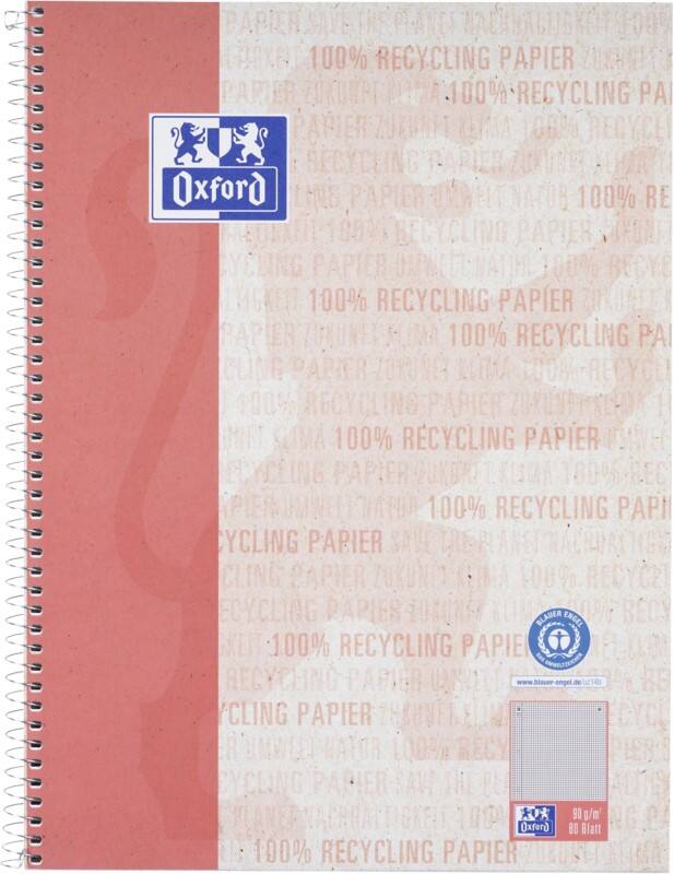 OXFORD Schrijfblok A4+ Geruit Spiraalbinding Geplastificeerd karton Rood Geperforeerd Recycled 160 Pagina's